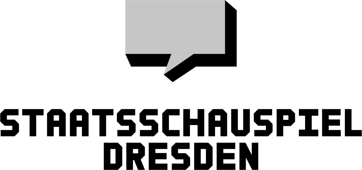 Sprechblase mit spitzem unteren Ende, leer, grau gefüllt. Darunter steht in großen, fetten Buchstaben 'Staatsschauspiel Dresden'.`