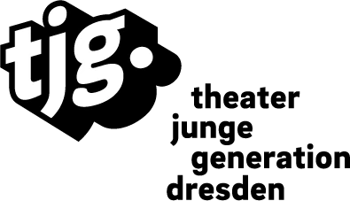 Weißer Schriftzug 'tjg.' auf schwarzem Hintergrund in serifenloser Schrift. Darunter schwarzer Schriftzug 'theater junge generation dresden'